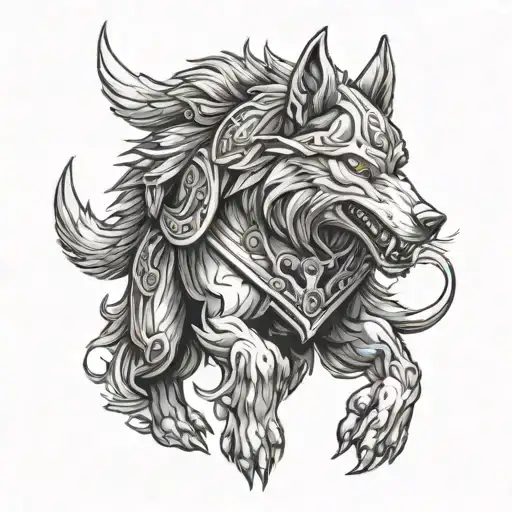 Fenrir Wolf With Armor Clad Angel Wielding Full Hand