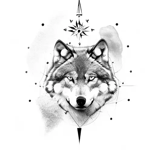 A Detailed Black And Grey Wolf Surrounded By Compass Symbols