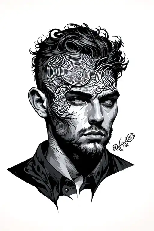 An Overthinking Man Face With Spiral Line Work On This Head