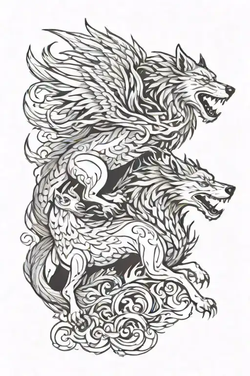 A Wolf & A Welsh Dragon Include Fire & The Ocean
