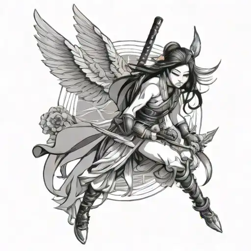 Samurai Girl With Sword And Wings In Style