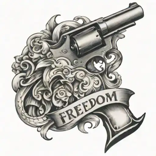 The Words Freedom Or Glory In Fancy Writing With A Revolver Near The Letters