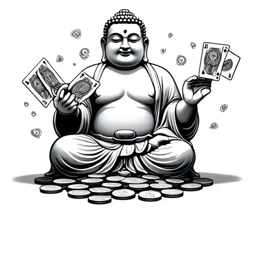 Happy Buddha Holding Money And Other Hand Holding Playing Cards Sitting On Coins