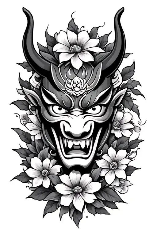 Can You Generate An Mean Oni Mask Tattoo With Japanese Style Flowers With Colors