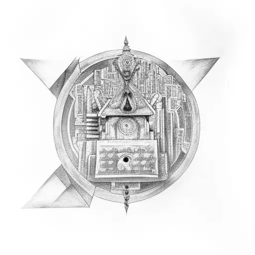 A Black And Grey Tattoo Of A Labyrinth With A City Hidden Within