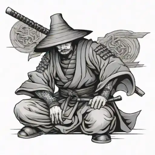 Samurai Traveler Sitting Wearing Caping Hat