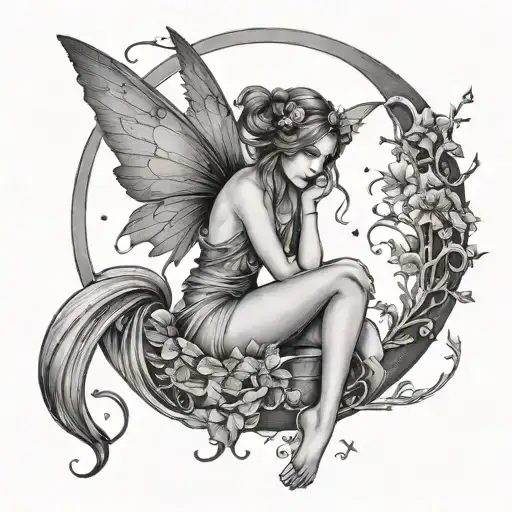 Fairy Sitting Looking At Moon Surrounded My Rain