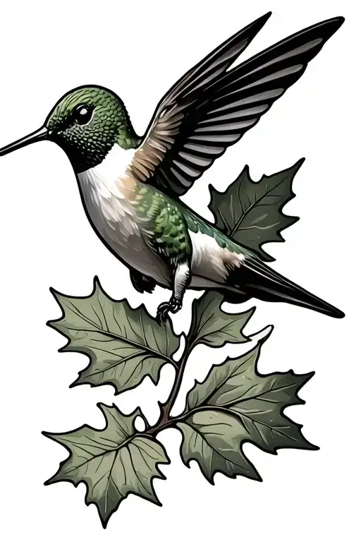 Hummingbird Landing On Oak Leaf