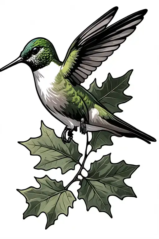 Hummingbird Landing On Oak Leaf
