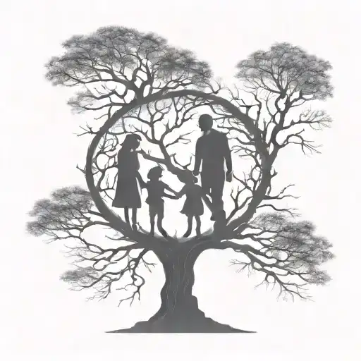 Tree Thin Branches Rots Silhouette Of Father Mother Son Daughter