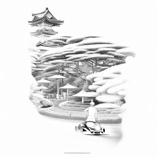 A Wooden Formula One Car Racing Through A Japanese Garden