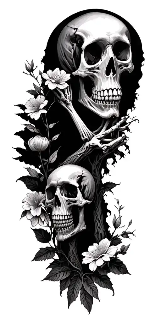 Skeletons Facing Each Other Trees And Flowers