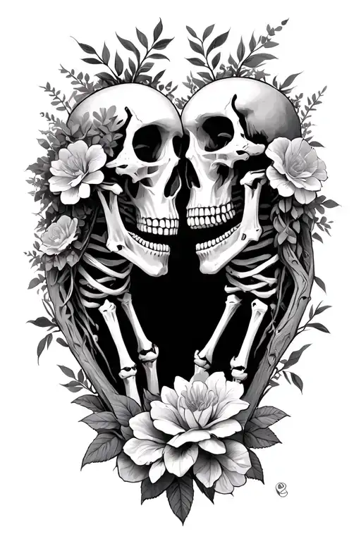 Skeletons Facing Each Other Trees And Flowers