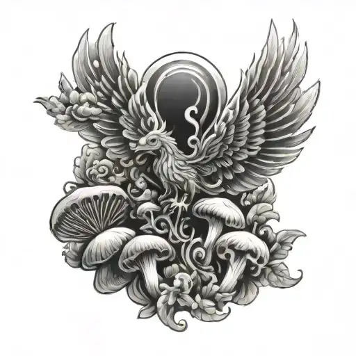 Mushrooms Transforming Into A Phoenix Symbolizing Rebirth And Growth