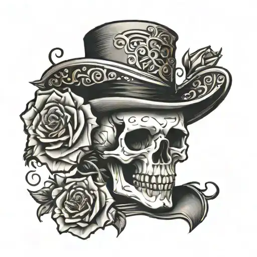 Oldscool Tophat Skull With Long Rose