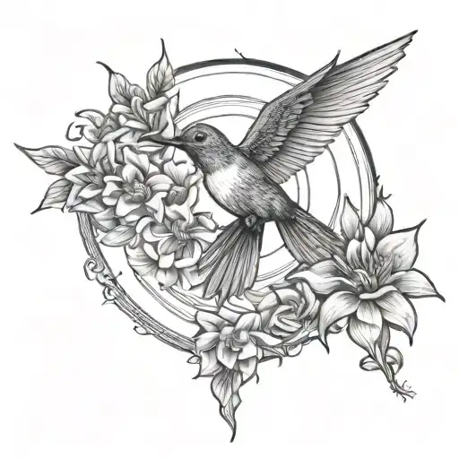 Flowers And Hummingbirds Flying Around A Sun