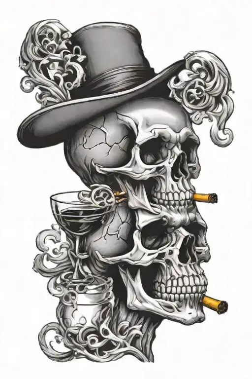 Skull Smoking With Eight Piece Cap Drinking A Glass