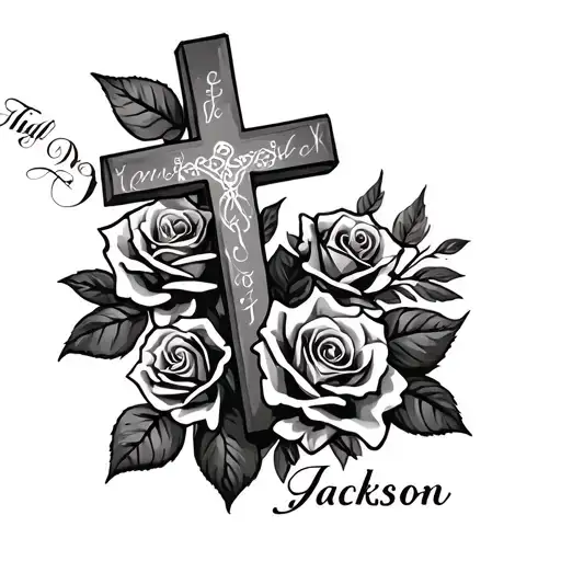 Roses Around Arm With Cursive Lettering Saying Jackson And A Cross With Bible Verses