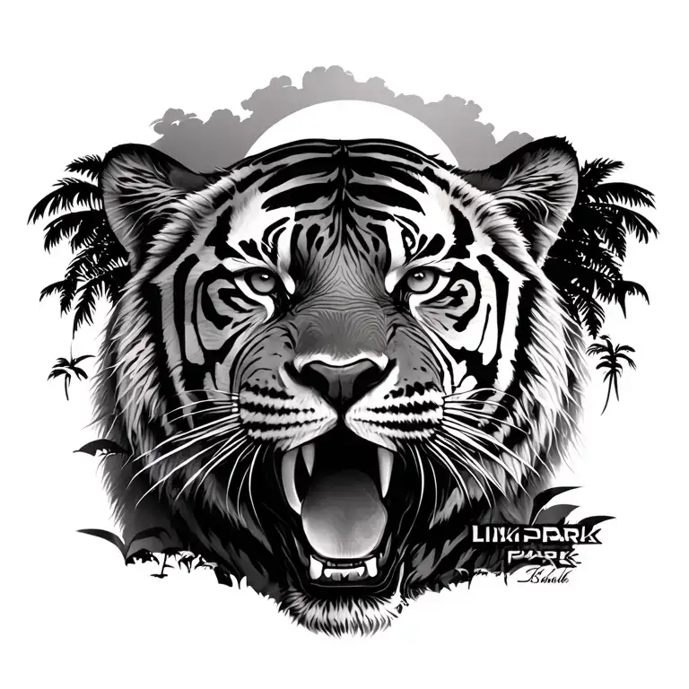 Tiger And African Landscape In Combination With Linkin Park On The Rightside Of The Back