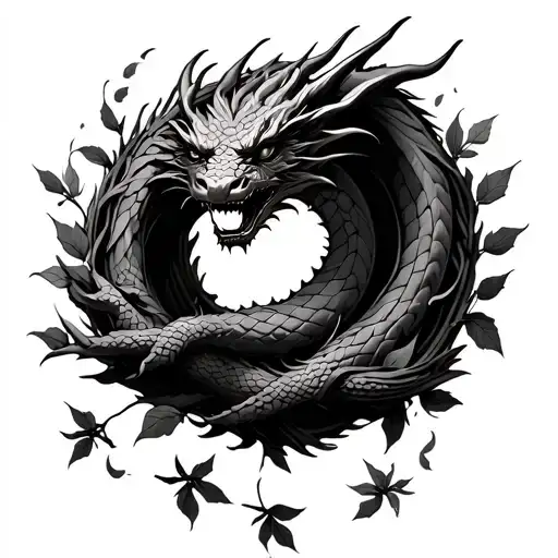 Dragon Wrapped Around A Wreath With Leaves Falling