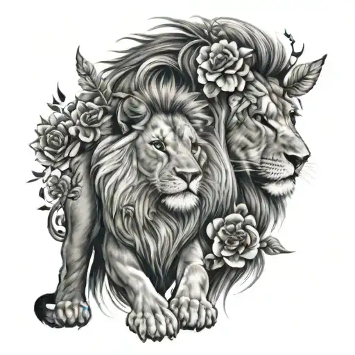 Lion And Lion Cub With Butterflies And Flowers
