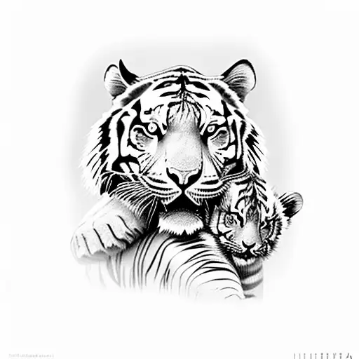 A Fierce Tiger Protecting Its Cub In A Dense Jungle