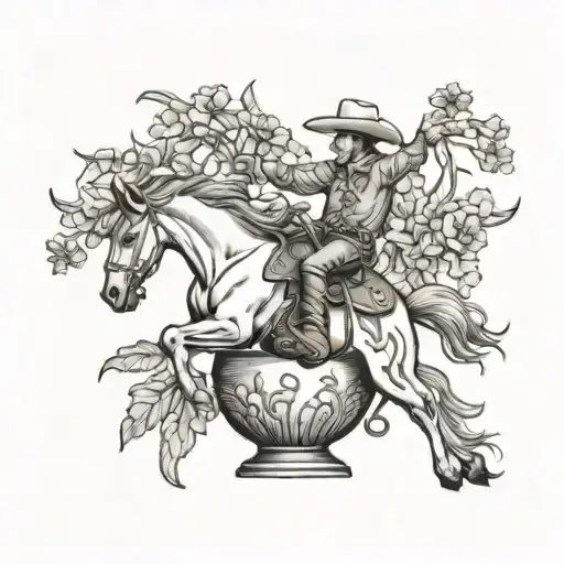 A Vase With A Cowboy Riding A Bucking Bronco On It With Wild Flowers In The Vase