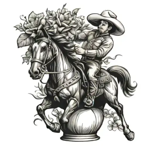 A Vase With A Cowboy Riding A Bucking Bronco Drawn On The Vase With Wild Flowers In The Vase
