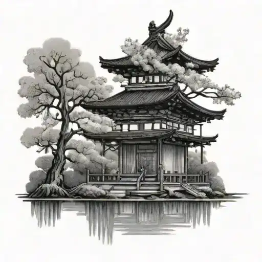 Japanese Temple With A Weeping Willow Cherry Blossom Tree