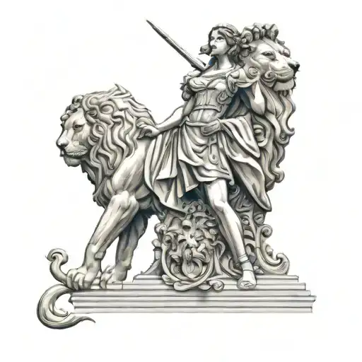 Statue Of Britannia With Lion Standing Beside Her