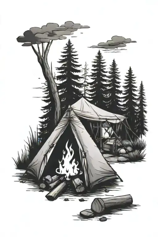 Campfire Surrounded By A Camp Tent In Forest