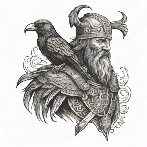 Old And Long-bearded Viking Warrior With A Raven Bird Below