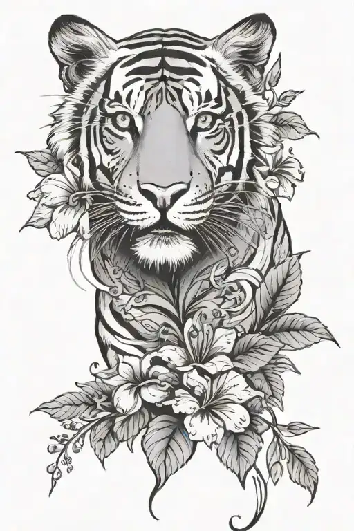 Tiger And Hibiscus Flower Surrounded