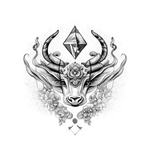 A Black And Grey Floral Design Incorporating The Capricorn Zodiac Symbol