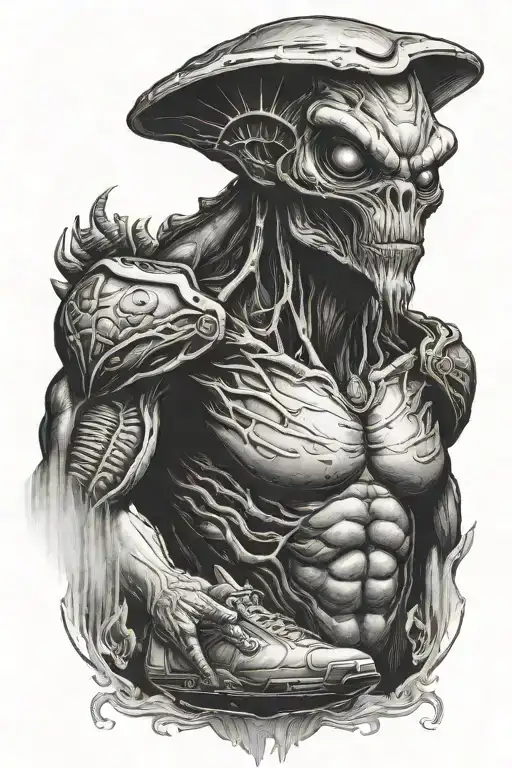 Alien Portrait With Ufo Beaming Up Bigfoot Figure