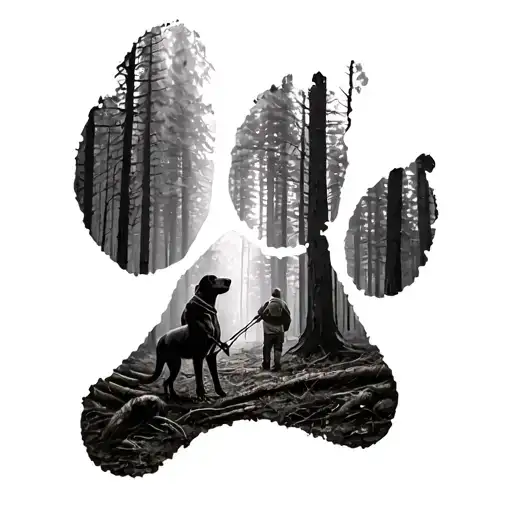 Realistic Dog Paw Print Outline With Image Inside Of Black Lab Hunting With Male Owner In The Forest