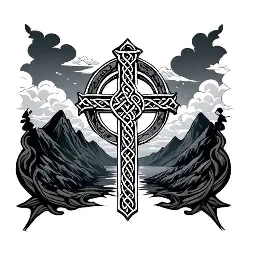 Celtic Cross With Clouds And Mountains