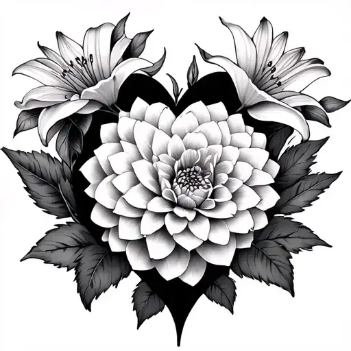 Flowers Of Dahlia Rose And Lilys Make A Shape Of A Heart With Stems