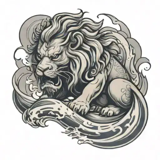 Chinese Lion In Waves