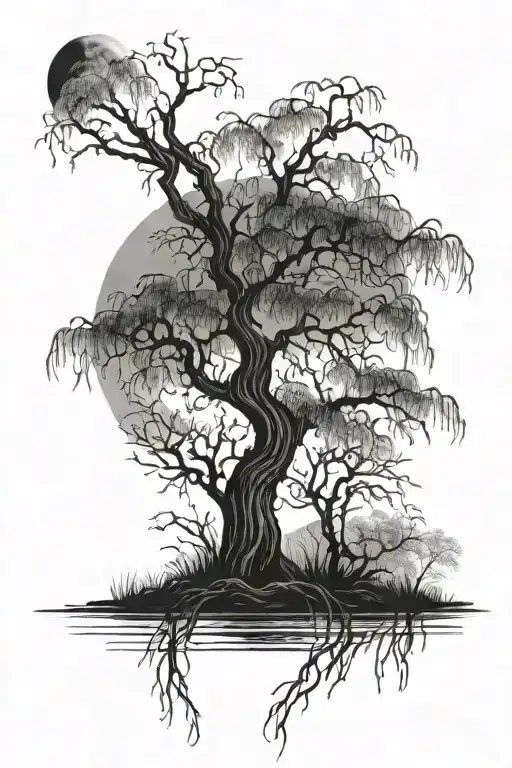 Weeping Willow Tree With A Moon Above It Based On The Song Walking After Midnight