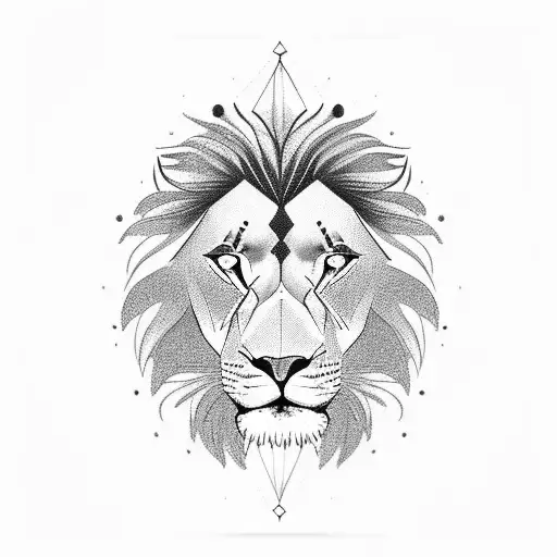 A Minimalist Black And Grey Tattoo Of A Lion Gazing At A Breathtaking Sunset Over A Mountain Range