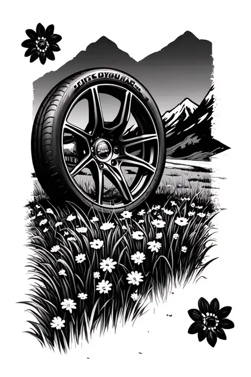 Racing Wheel In Nature With Mountains On Background Black And Grass Flouwers On Foreground