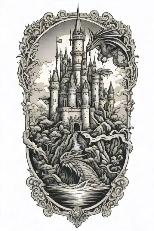 A Majestic Castle With A Dragon Flying Overhead