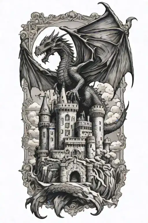 A Majestic Castle With A Dragon Flying Overhead