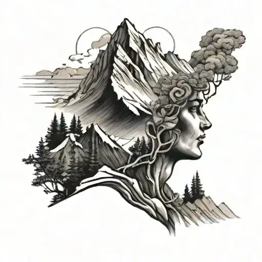 Embodyment Of Mother Nature And A Guy On A Mountain Peak Staring Up At Her
