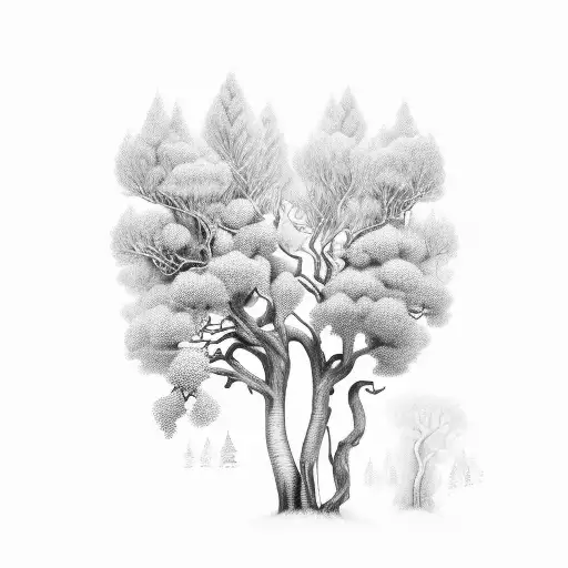 An Intricate Black And Grey Forest Scene With Musical Notes Hidden Among The Trees