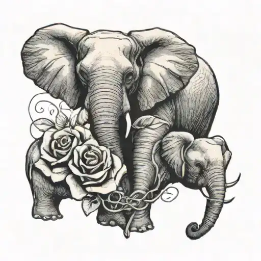 3 Roses Intertwined With A Heart Around An Adult And Baby Elephant