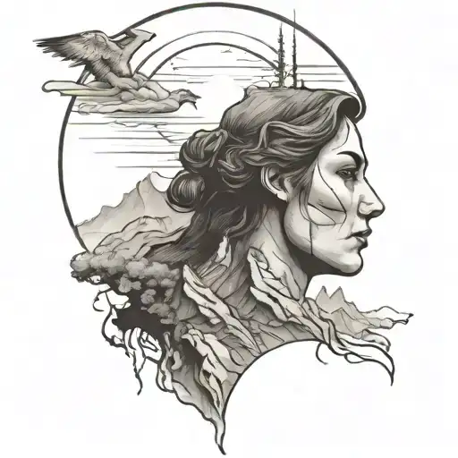 Embodyment Of Mother Nature And A Guy On A Mountain Peak Staring Up At Her And She Stares Back