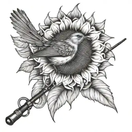 Sunflower With A Robin And A Fly Fishing Rod Casting