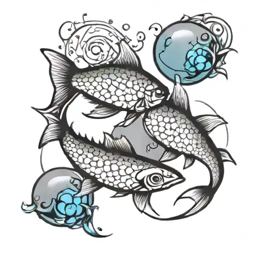 Pisces 2 Fishes Swimming Opposite With A Sun And Moon And A Blue Gem Stone